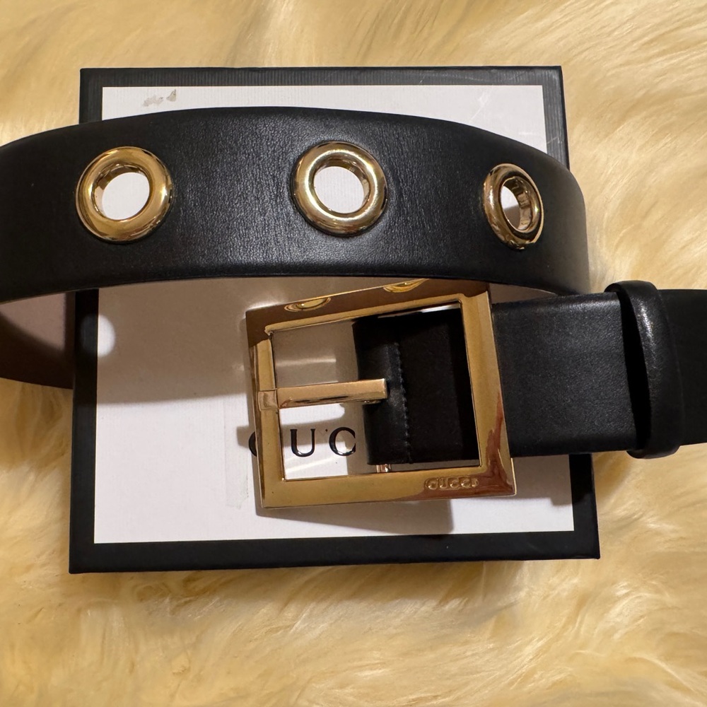 Authentic Vintage Gucci Black Belt with Gold Buckle